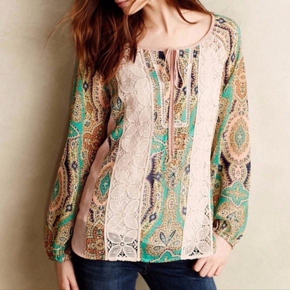 Meadow Rue Anthropologie Giada Crochet Lace & Bohemian Printed Peasant Blouse M - Picture 11 of 11
